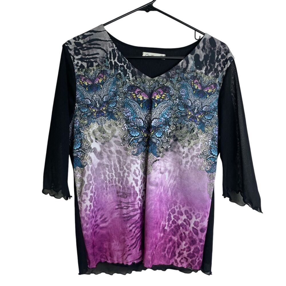 Cactus Shirt Womens Medium Purple Top Leopard V Neck Butterfly Sheer Ruffle